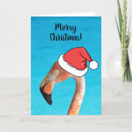 Cartão De Festividades Flamingo Rosa em chapéu de Papai Noel de desenho a