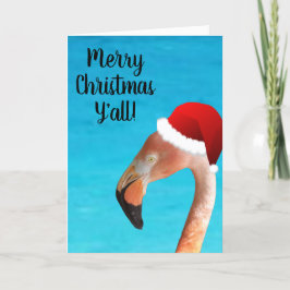 Cartão De Festividades Flamingo Rosa em chapéu de Papai Noel de desenho a