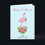 Cartão De Festividades Flamingo rosa em Santa Hat com Buquê de Cané Adorm<br><div class="desc">Um cartão de natal com um flamingo de Natal tropical vestindo um chapéu de Santa rosa. Debaixo dos pés está um buquê doce de cana com flores tropicais bonito e amoras rosa. Um punho de Holly no peito.</div>