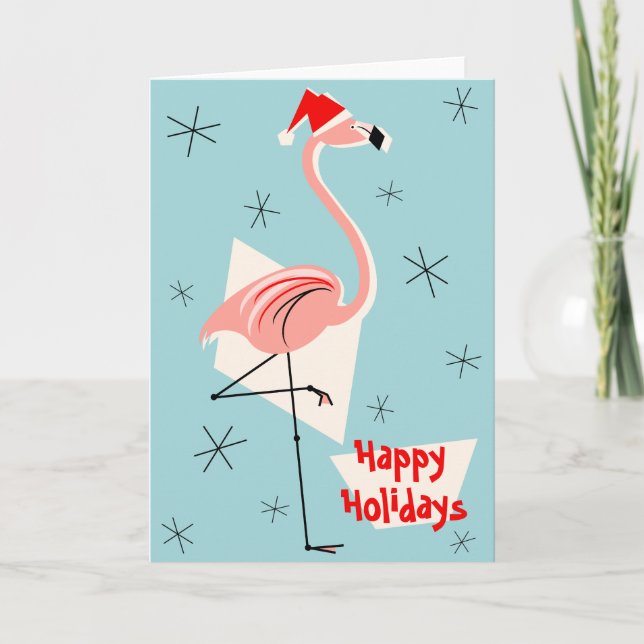 Cartão De Festividades Flamingo Santa Blue Happy Holidays (Frente)