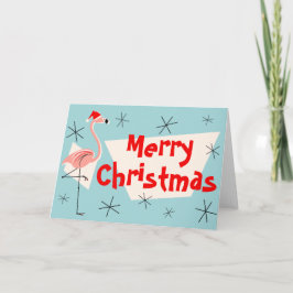 Cartão De Festividades Flamingo Santas Blue Felry Frente de Natal