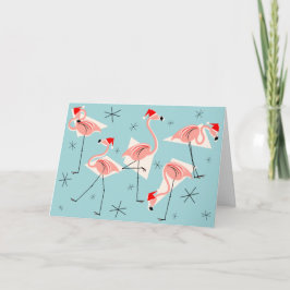 Cartão De Festividades Flamingo Santas Blue Happy Holidays na horizontal