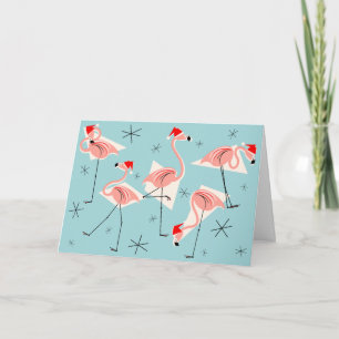 Cartão De Festividades Flamingo Santas Blue Happy Holidays na horizontal
