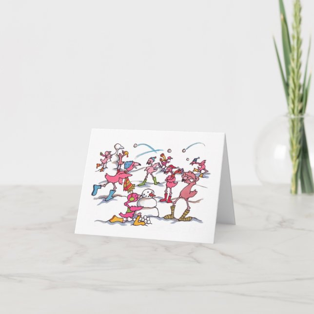 Cartão De Festividades Flamingo Snowball Fight Holiday Notecard (Frente)