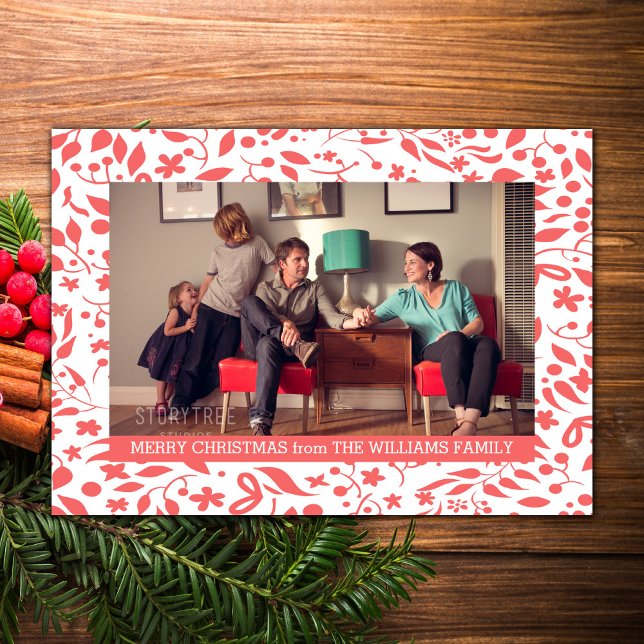Cartão De Festividades Flat de Feriado de Folhagem Vermelha (Red Elegant Foliage Holiday Photo Card)