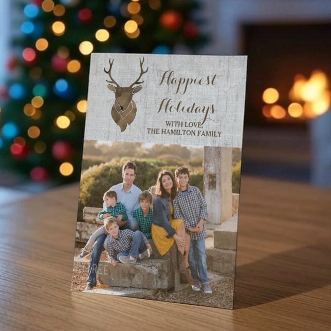 Cartão De Festividades Flat de Feriado de Veado Russo Castanho (Brown Rustic Watercolor Reindeer Holiday Photo Card)