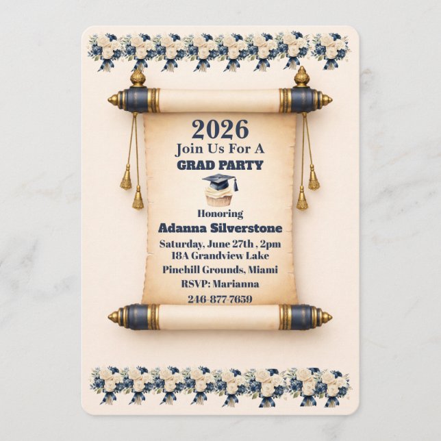 Cartão De Festividades Flat Holiday Card- Editable Scroll Grad Invitation (Frente)