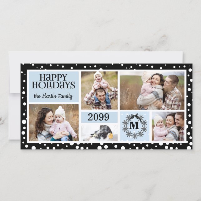 Cartão De Festividades Floco de Neve Azul e Preto Monogramado (Frente)