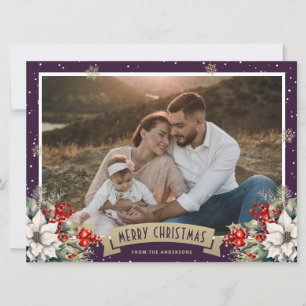 Cartão De Festividades Floco de Neve Botânico de Ouro Roxo Foto Natal
