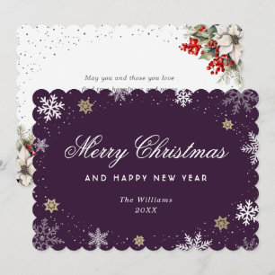 Cartão De Festividades Floco de Neve Botânico em Aquarela Roxa