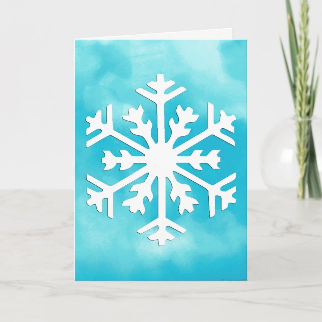 Cartão De Festividades Floco de neve branco sobre fundo de aquarela azul (Frente)