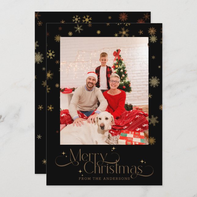 Cartão De Festividades Floco de Neve Dourado em Imagem de Natal Preta (Frente/Verso)