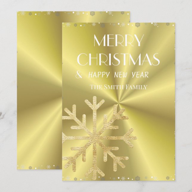 Cartão De Festividades Floco de neve ouro e fundo ouro elegante (Frente/Verso)