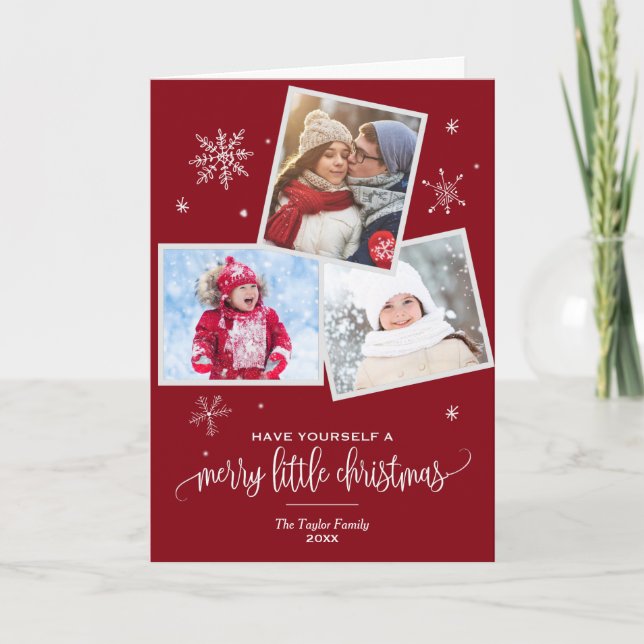 Cartão De Festividades Floco de neve vermelho | 3 Foto de Natal (Frente)