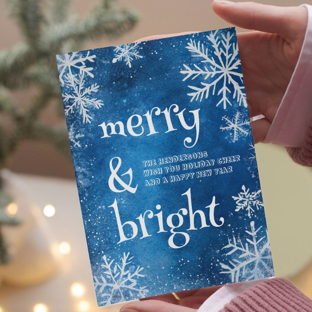 Cartão De Festividades Flocos Brancos de Neve E Azul Alegre e Radiante (Criador carregado)