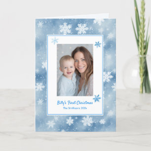 Cartão De Festividades Flocos de neve Baby Boy Blue Foto Primeiro Natal