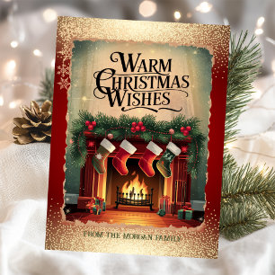 Cartão De Festividades Flocos de neve da Lareira de vindima vermelho