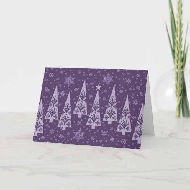 Cartão De Festividades Flocos de neve de Árvores de Natal Roxo e Bonitas (Frente)