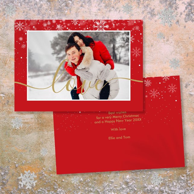 Cartão De Festividades Flocos de neve de foto moderna com Amor em letra d (Modern Photo Snowflakes Gold Love Script Holiday Card)