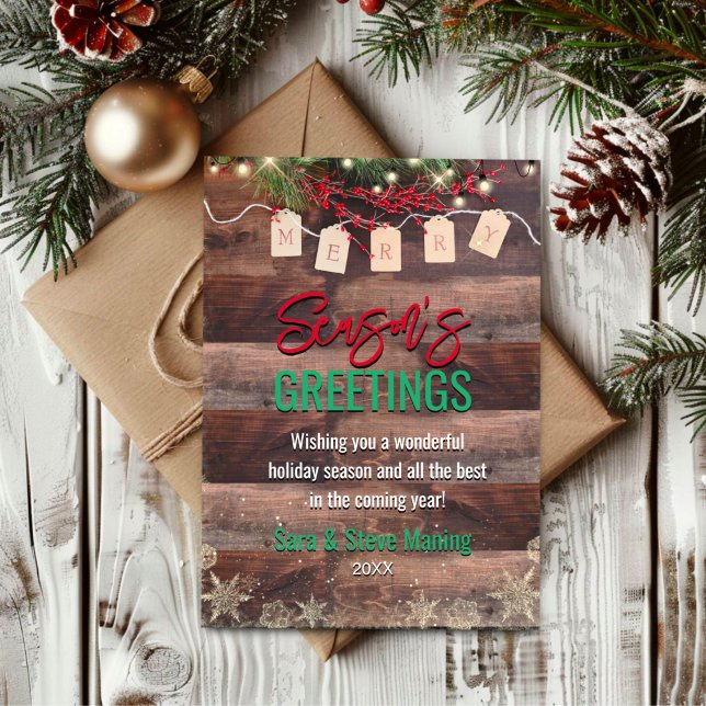 Cartão De Festividades Flocos de neve de ouro elegantes folhas verdes de  (Criador carregado)