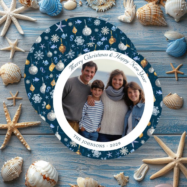 Cartão De Festividades Flocos de neve e elementos náuticos Foto de Natal (Snowflakes & Nautical Elements Christmas Photo Round Holiday Card)