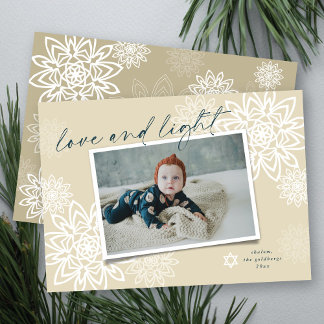 Cartão De Festividades Flocos de Neve Elegantes Foto De Amor E Chanucá Le
