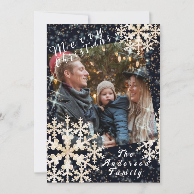 Cartão De Festividades Flocos de neve Foto Preta Dourada (Frente)