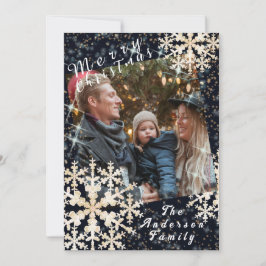 Cartão De Festividades Flocos de neve Foto Preta Dourada