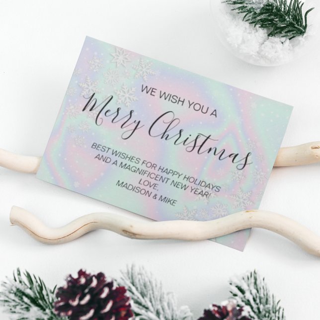 Cartão De Festividades Flocos de neve holográficos de textura falsa líqui (Criador carregado)