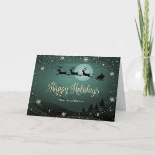 Cartão De Festividades Flocos de Neve Ouro Verde Papai Noel Rena