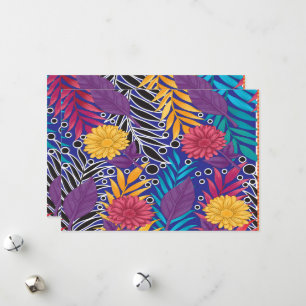 Cartão De Festividades flor colorida e padrão de folhas em uma base azul