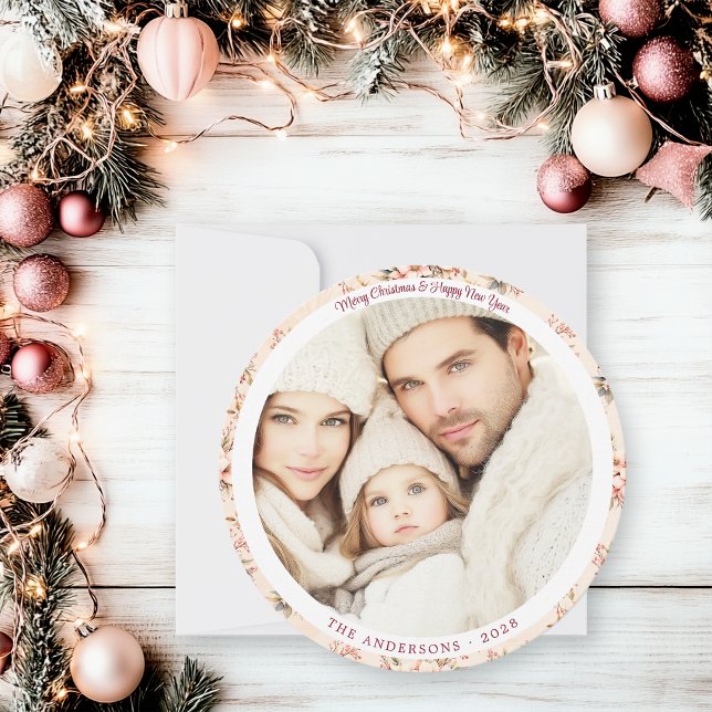 Cartão De Festividades Flor Personalizável, Rosa Vintage (Shabby Chic Flat Christmas Card)