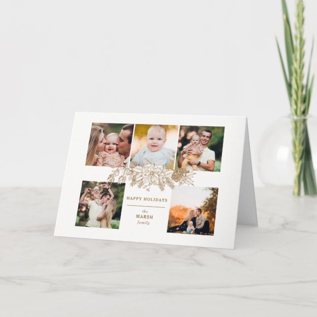 Cartão De Festividades Floral 5-Foto de Natal Dourado gravado Elegante (Frente)