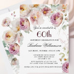 Cartão De Festividades Floral 60ª Festa de aniversário de Flor Rosa Elega<br><div class="desc">Comece esta comemoração especial de 60 anos em um estilo elegante com este belo e gentil convite floral feminino com flores silvestres misturadas à água e com vegetação rasteira. Todo o texto pode ser personalizado para o seu partido, incluindo a idade do convidado de honra. Se você tiver algum pedido...</div>