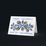 Cartão De Festividades Floral azul de Hanukkah do azevinho havaiano<br><div class="desc">Hau'oli Hanukaha é Hawai'ian para Hanukkah feliz! Esta ilustração apresenta uma interpretação tropical do azevinho em cores de Hanukkah e em inclinações subtis. A rotulação é espanada com neve para uma surpresa adicionada. Esta ilustração original decora estes cartões que são perfeitos para cartões de natal. São igualmente excelente como o...</div>