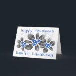 Cartão De Festividades Floral azul de Hanukkah do azevinho havaiano<br><div class="desc">Hau'oli Hanukaha é Hawai'ian para Hanukkah feliz! Esta ilustração apresenta uma interpretação tropical do azevinho em cores de Hanukkah e em inclinações subtis. A rotulação é espanada com neve para uma surpresa adicionada. Esta ilustração original decora estes cartões que são perfeitos para cartões de natal. São igualmente excelente como o...</div>