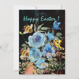 Cartão De Festividades Floral Azul Páscoa Preta com Pássaros