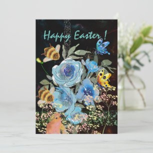 Cartão De Festividades Floral Azul Páscoa Preta com Pássaros