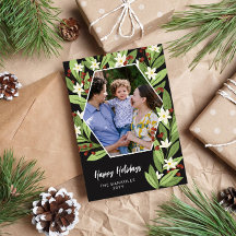 Floral Branco Bagas Vermelhas Hexágono Boas Festas