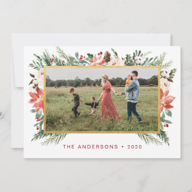 Cartão De Festividades Floral de Natal com Aquarela com Foto Dourada (Frente)