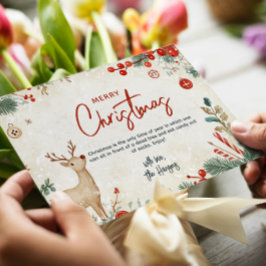 Cartão De Festividades Floral e Reindeer Beige Feliz Natal Personalizado