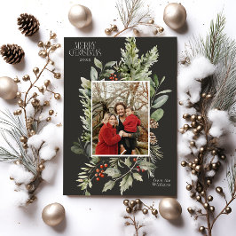 Cartão De Festividades Floral Elegant Watercolor Foto de Natal Feliz