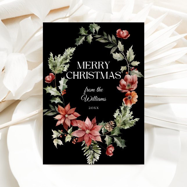 Cartão De Festividades Floral Elegante Aquarela Preta Feliz Natal (Criador carregado)