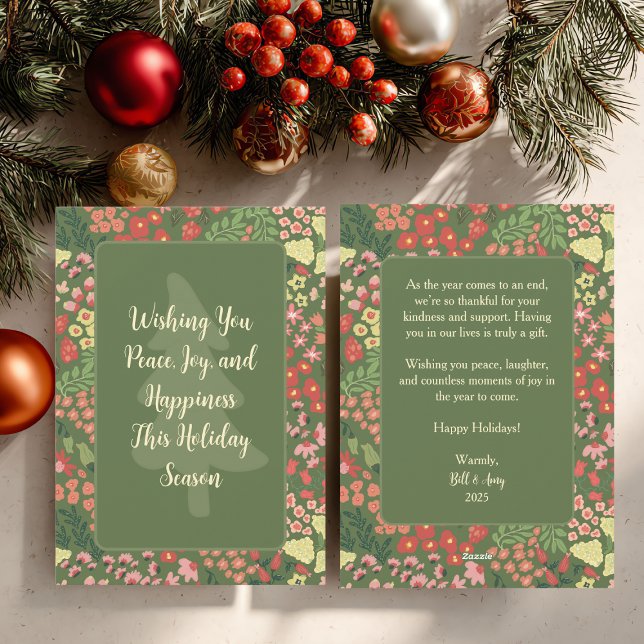 Cartão De Festividades Floral Holiday Card - Custom Message, Name & Date (Personalized Elegant Floral Holiday Flat Card)