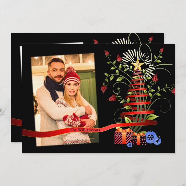 Cartão De Festividades Floral Modern Art Christmas Tree Photo (Frente/Verso)