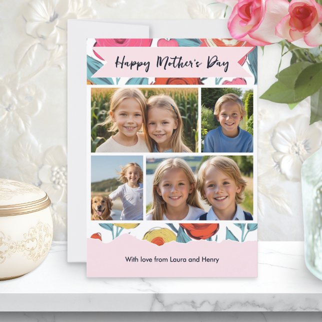 Cartão De Festividades Floral Modern Mother’s Day Custom Photo Collage (A pretty floral Mother's Day card, with four custom photos and personalized message)