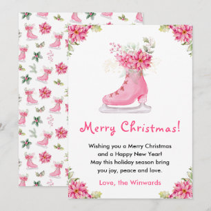 Cartão De Festividades Floral Patins de Gelo Rosa Feliz Natal