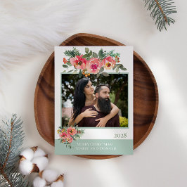 Cartão De Festividades Floral Verde Vermelho Adicione Sua Própria Foto Na