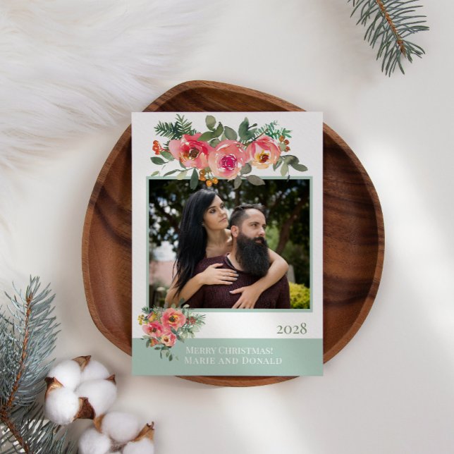 Cartão De Festividades Floral Verde Vermelho Adicione Sua Própria Foto Na (Criador carregado)