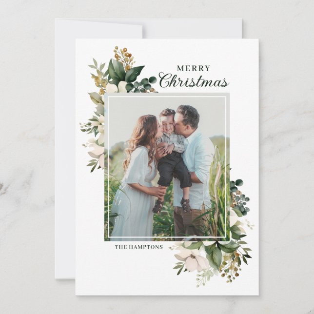 Cartão De Festividades Floral Winter Greenery Elegant Photo Christmas (Frente)